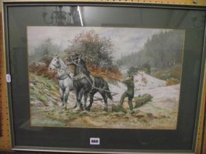 DIGBY GRACE 1900-1900,A team of heavy horses pulling a log in a forest setting,Wotton GB 2016-03-22