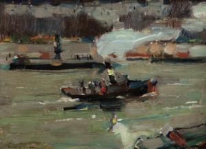 DIKE Philip Latimer, Phil,''Along the Seine'', tugboat on a river,John Moran Auctioneers 2016-03-22