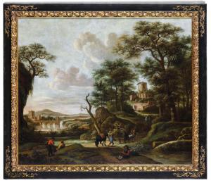 DIONIJS VERBURGH 1655-1722,Paesaggio con contadini e architetture sullo sfondo,Cambi IT 2024-02-15