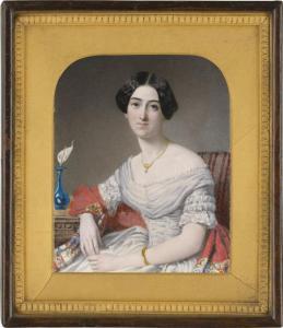 DIXON Annie 1817-1901,Bildnis einer jungen Frau in weißem Kleid mit rote,Galerie Bassenge 2018-11-29