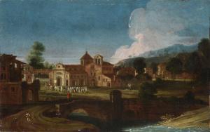 DIZIANI Antonio, Lo Zoppo,Paesaggio con borgo e processione,Galleria Pananti Casa d'Aste 2023-12-14