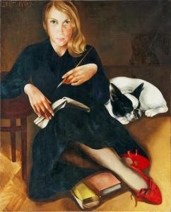 DMITRIEVSKIJ Lydia 1895-1967,Self-portrait with a paintbrush and dog,1938,Uppsala Auction 2023-11-09
