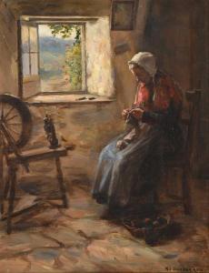 DOBSON Henry John,Elderly lady knitting in a chair at a cottage wind,1905,Tennant's 2023-01-14
