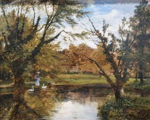 DOCKREE Mark Edwin 1856-1901,Figures feeding swans on pond,The Cotswold Auction Company 2022-01-25