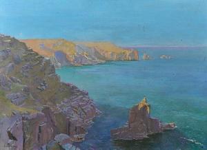 DOLLMAN Guy 1886-1942,A coastal bay with rock stack under clear blue sky,Mallams GB 2014-07-11