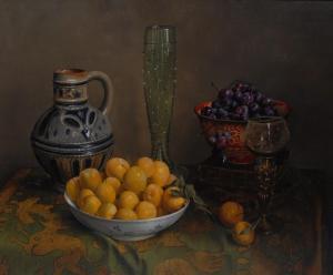 Dolphy W,Still Life, Stein, Vase, Plums and Grapes ,1991,Bamfords Auctioneers and Valuers 2017-09-27