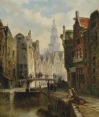 DOMMERSHUIJZEN Pieter Cornelis 1834-1908,A townview with figures by a canal and a church,Christie's 2012-11-14