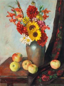 DOMONKOS Pap 1894-1972,Still life of flowers and apples,Nagyhazi galeria HU 2019-03-12