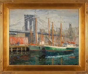 DONALDSON Theodore W,Boats at a pier - Brooklyn Bridge, NY,Eldred's US 2009-04-03