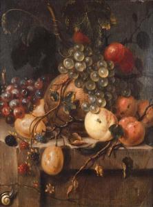 DOORNIK van Jan,Bunches of grapes, raspberries, plums, a melon, pe,1712,Christie's 2001-11-07
