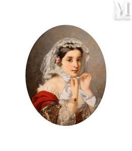 DORE Armand 1824-1882,Jeune femme à la mantille et à la robe rouge,1857,Millon & Associés 2024-01-25