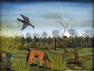 DORESIC Vilma 1936,Horse and bird in autumn landscape,1968,Peter Karbstein DE 2020-07-11