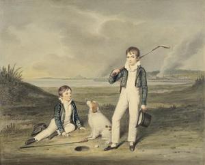 DOUGLAS William 1780-1832,Two boys with golf clubs and a dog on Old Musselbu,1809,Bonhams 2011-12-08