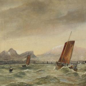 DRACHMANN Holger,A seascape with two sailing ships near a rocky coa,1867,Bruun Rasmussen 2016-08-15