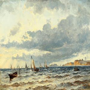 DRACHMANN Holger,Seascape with fishing skiffs in unsettled weather,1880,Bruun Rasmussen 2014-06-09