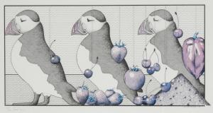 Drew Simon 1952,Single Bird: Deep Waters - Fruit, Puffins and,Bamfords Auctioneers and Valuers 2021-07-20