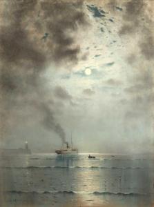 DRUMMOND J. Nelson 1882-1896,Steamship off a jetty with lighthouse at dusk,Mallams GB 2023-10-18