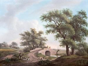 DUBOIS Chretien 1766-1837,Young hunters with their dogs near a bridge,Venduehuis NL 2016-11-16