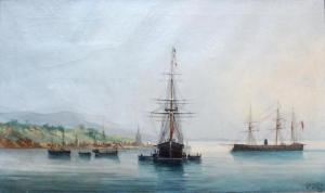 DUBREUIL Cheri Francois,Navires en rade près d\’un village,1872,Le Havre encheres 2017-10-22