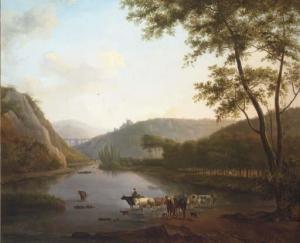 DUCORRON Julien Joseph,A wooded river landscape, with cattle watering, a ,1813,Christie's 2005-02-24