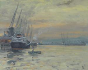 Dudley Bailey Robin 1931,ships in Cardiff docks at sunset,Rogers Jones & Co GB 2018-10-20