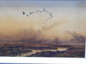 DUDLEY Noel 1900-1900,Geese flying over marshes at sunset,Golding Young & Mawer GB 2017-07-12