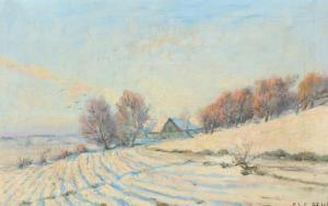 DUE Ole Wolhardt 1875-1925,Winter at a house and fields,Bruun Rasmussen DK 2019-12-23