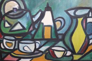 DUERDOTH Philip R 1900-1900,still life of various tea ware,1981,Lawrences of Bletchingley 2023-01-31