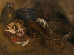 DUFEU Edouard Jacques,A still life with fish and a copper kettle,1874,Galerie Koller 2022-09-23