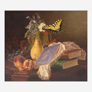 DUFFEY Eliza Bisbee 1838-1898,Still Life with Books, Peach and Butterfly,1865,Freeman US 2023-06-04