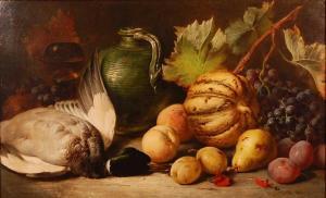 DUFFIELD William D 1816-1863,Still life with dead duck, fruit and a majoli,1863,Lacy Scott & Knight 2021-06-12