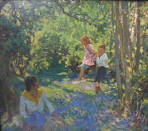 DUGGINS James Edward,a woodland scene with Mother picking bluebells wat,Cuttlestones 2019-03-14
