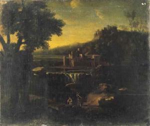 DUGHET Gaspard 1615-1675,Paesaggio laziale con borghi, una cascata e due as,Christie's GB 2000-12-04
