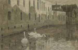 DUHEM Henri Aime 1860-1941,Trois cygnes sur un canal le long des habitations,Christie's 2018-06-20