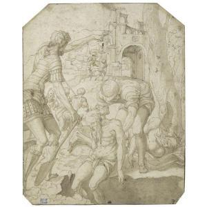 DUMONSTIER Geoffroy,SOLDIERS BURYING TWO DEAD MEN, IN THE BACKGROUND A,Sotheby's 2010-07-06