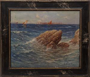 DUMONT DUPARC Robert 1866-1930,Felsen im Meer vor einer Küstenstadt,DAWO Auktionen DE 2023-07-15
