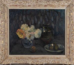 DUMONT Pierre 1920-1987,Vase de dahlias, pommes et fleurs,Gros-Delettrez FR 2022-12-06