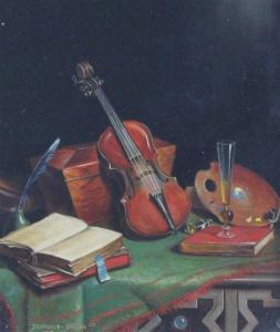 DUMONT SMITH Robert,Still life of a violin, tea caddy and old books,1932,Gorringes 2011-09-07