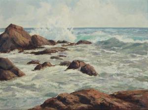 DUNCAN Darwin 1905-2002,Crashing waves in a rocky coastal seascape,John Moran Auctioneers 2021-01-26