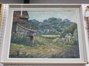dunlop hazel Bruce 1911-2005,Landscape with Farm Buildings and Chickens,Tooveys Auction 2019-07-17