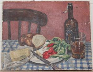 dunlop hazel Bruce,Still Life with Radishes, Bread and Ale,20th century,Tooveys Auction 2018-08-08