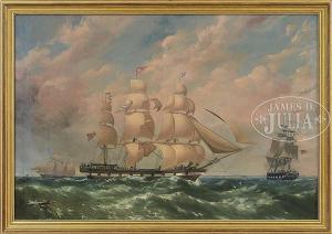 DUNNAGE William 1830-1870,BRITISH FRIGATE IN TWO POSITIONS,James D. Julia US 2016-08-25