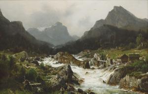 DUNTZE Johannes Bertholomus 1823-1895,Norwegische Landschaft mit Wasserfall, i,1877,Winterberg Arno 2023-10-21