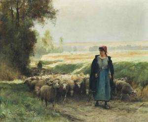 DUPRE Julien 1851-1910,A shepherd girl guiding a flock of sheep,Christie's GB 2016-09-08