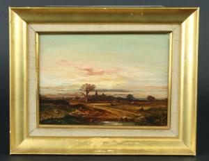 DUPRE Leon Victor 1816-1879,Paysage au clocher, soleil couchant,Auxerre Enchères FR 2024-04-07