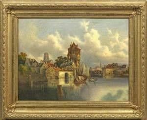 DUSSELDORFER SCHULE,Spätromantische Ansicht einer alten Stadt am Flu,19th century,Schloss 2019-12-01