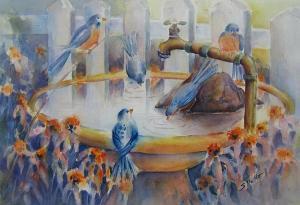 DUTKO SALLY,Birds at a birdbath,Matthew's Gallery US 2013-06-25