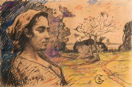 DUVAL GOZLAN Léon 1853-1941,Jeune femme sur fond de paysage (Bretagne?),Doutrebente FR 2021-11-26