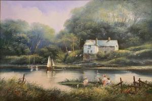 DYER Ted Edward 1940,a riverbank view with children fishing,Keys GB 2023-04-14