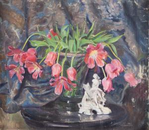 DZIELINSKI Kazimierz Jan,Still life with tulips and a porcelain figurine,1943,Desa Unicum 2023-04-20